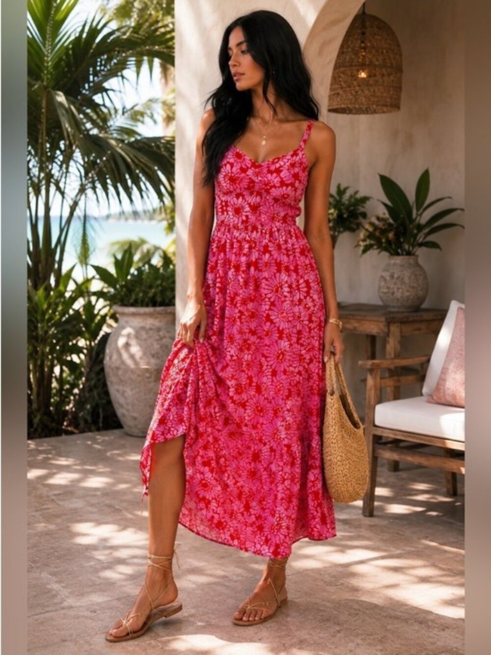 Draper James Red Pink Floral Midi Dress Large Smocked Cottagecore Sundress